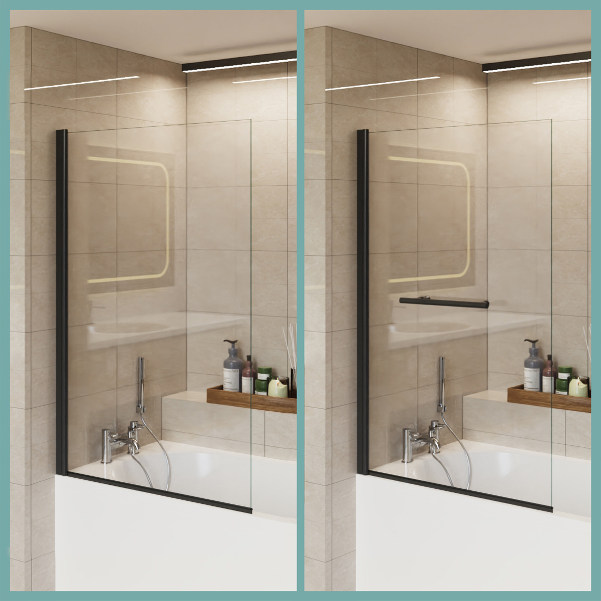 Pivot Shower Bath Screen Glass Panel 1400mm Height with Towel Rail Easy Clean