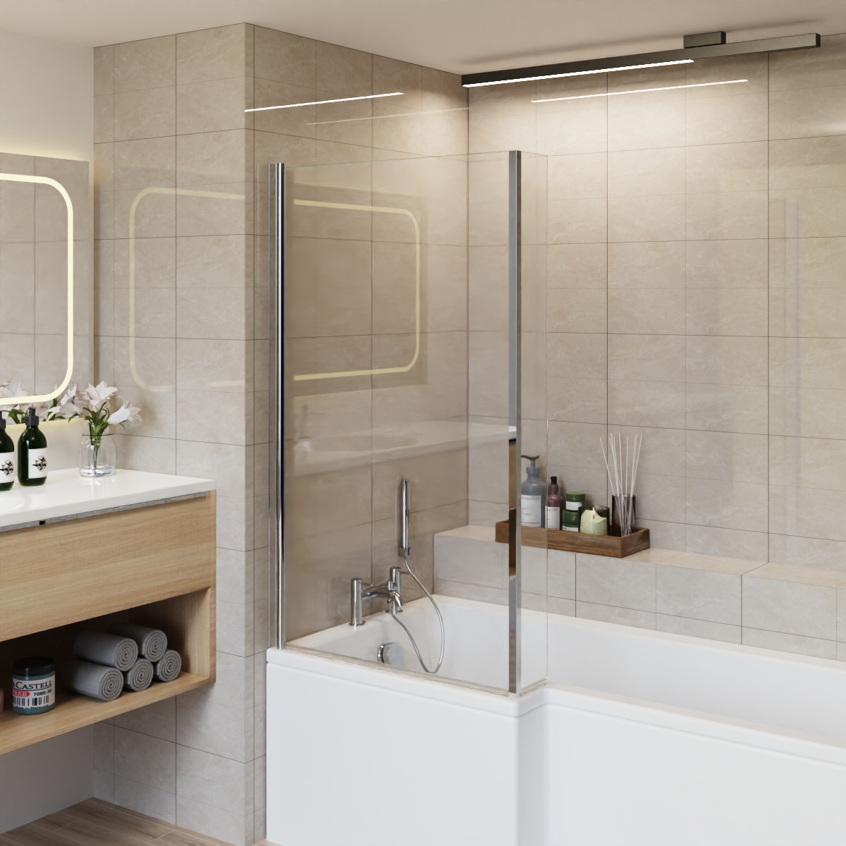 180 Pivot L Shape Shower Bath Screen Hinged/Fixed Return 6mm Easy Clean Glass