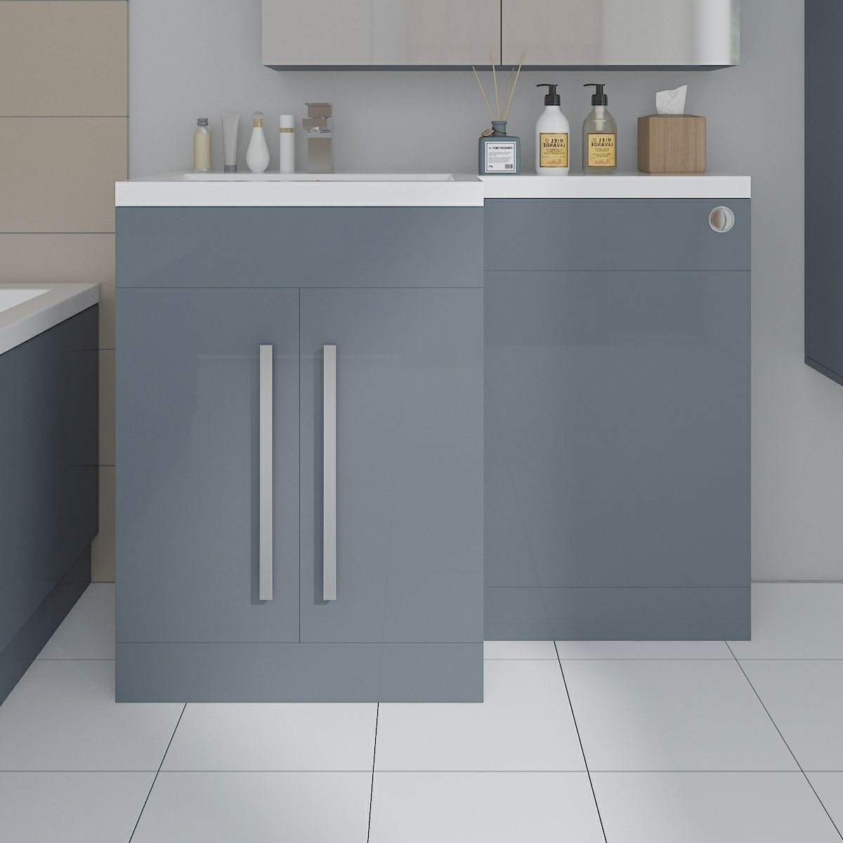 L Shape Basin Vanity BTW Toilet Bathroom Furniture Suite Bath Panel Gloss Grey
