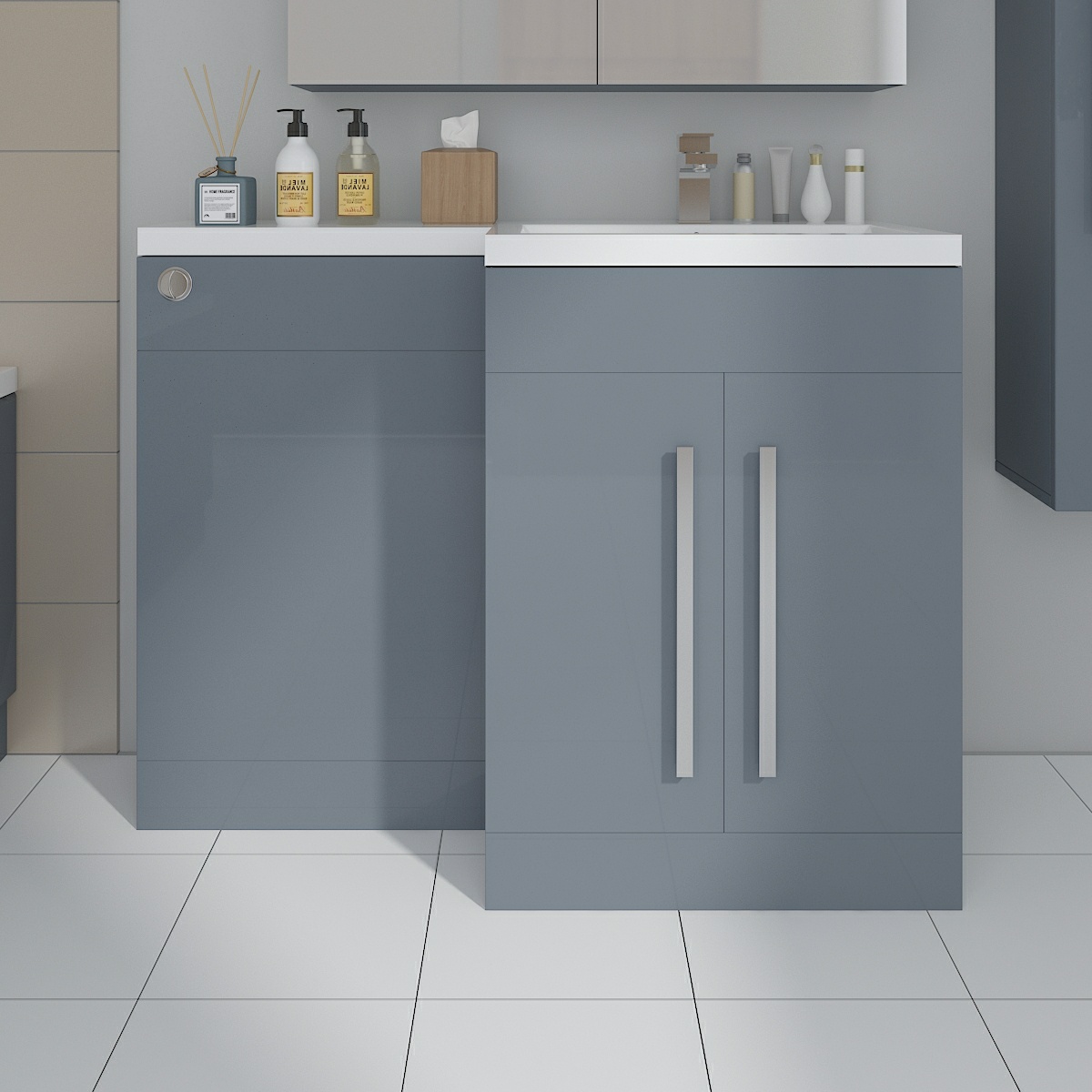 L Shape Basin Vanity BTW Toilet Bathroom Furniture Suite Bath Panel Gloss Grey