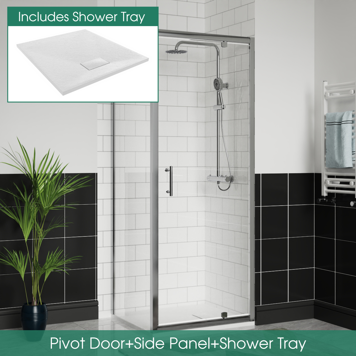 Pivot Door Shower Enclosure Walk in Cubicle 6mm Framed Glass Side Panel and Tray