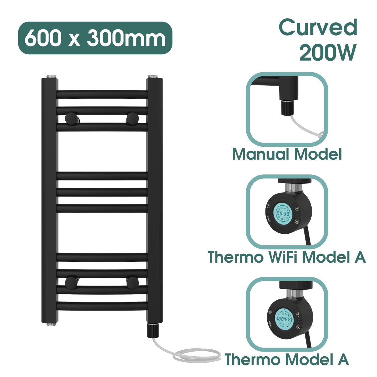 Black Prefilled Bathroom Electric WiFi Warmer Thermostatic Towel Rail Radiator - Picture 13 of 150
