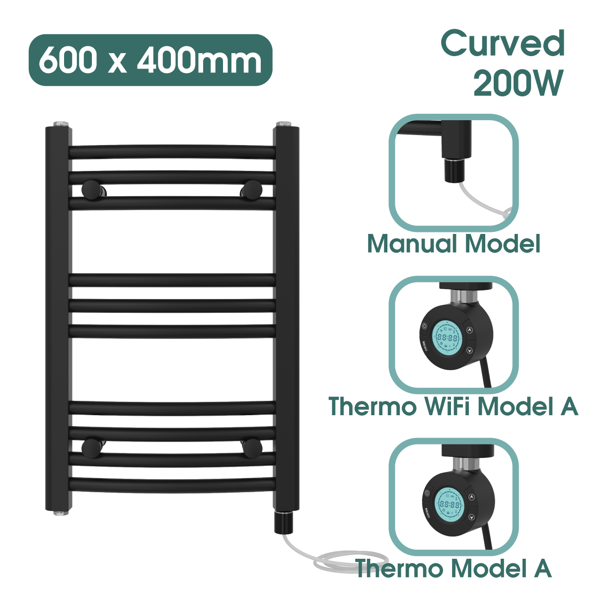 Black Prefilled Bathroom Electric WiFi Warmer Thermostatic Towel Rail Radiator - Picture 15 of 150