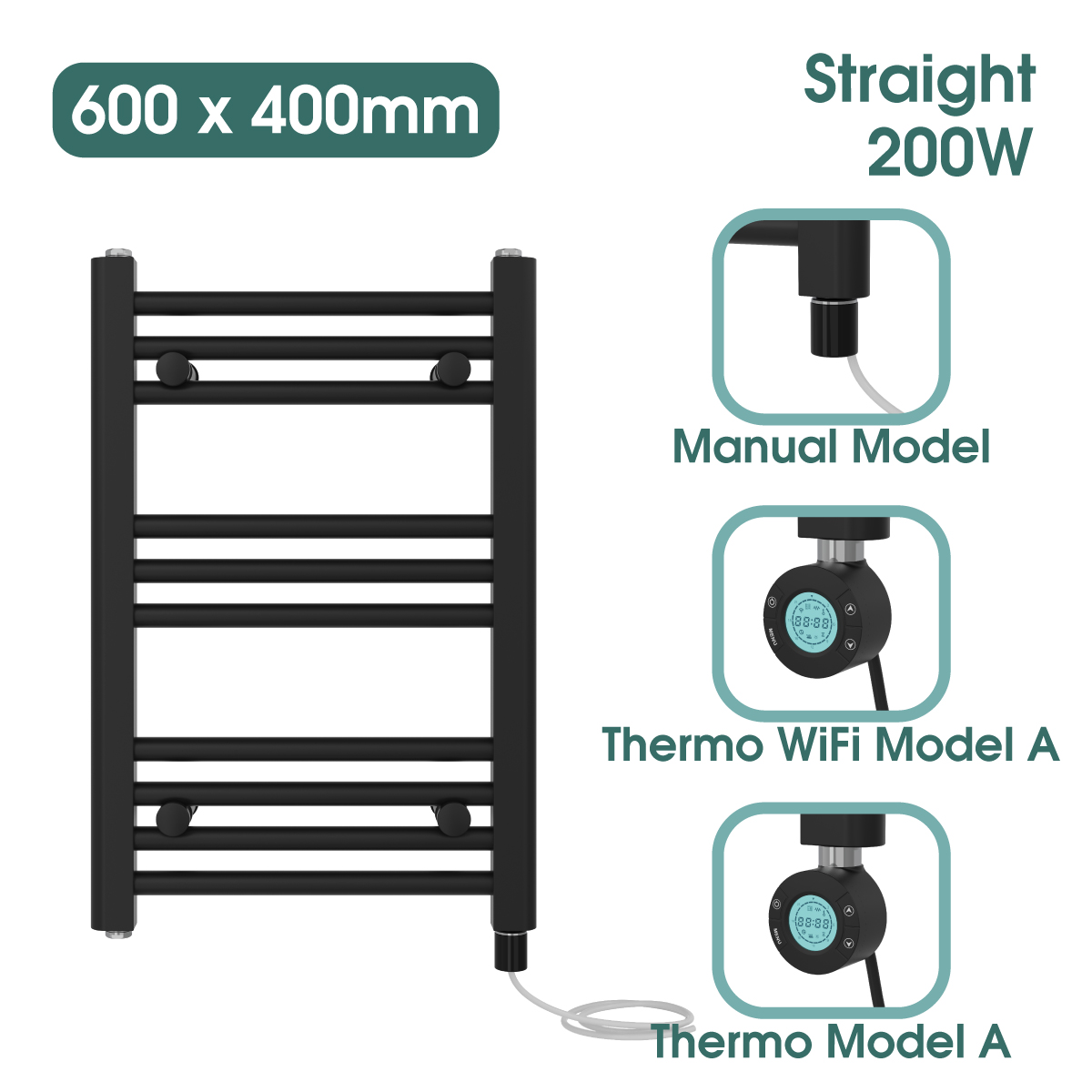 Black Prefilled Bathroom Electric WiFi Warmer Thermostatic Towel Rail Radiator