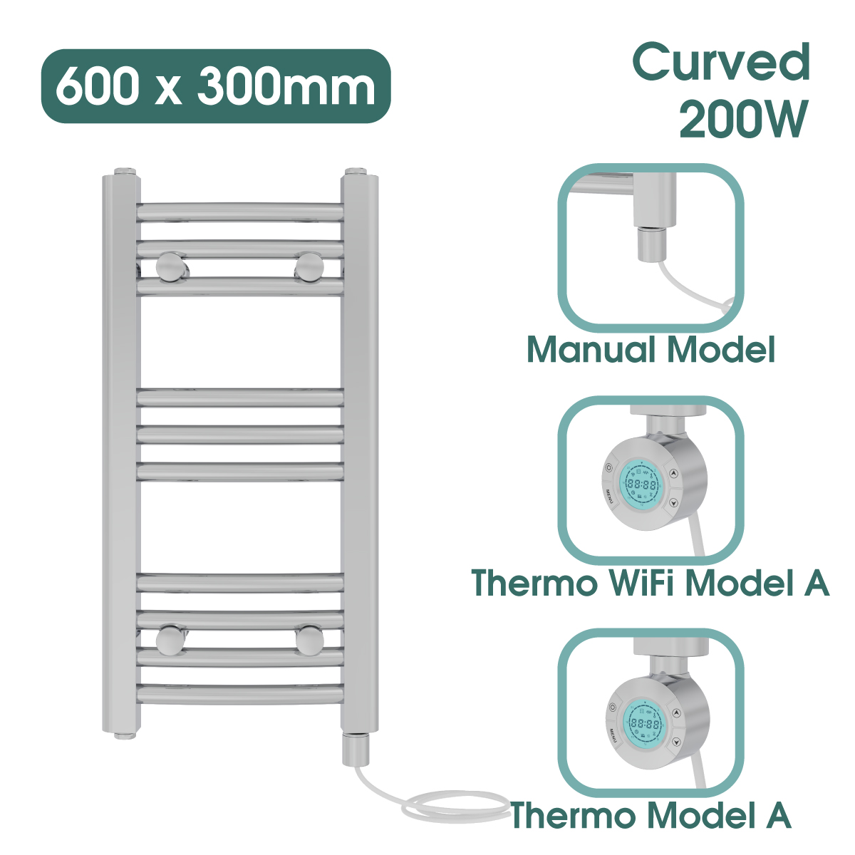 Chrome Prefilled Bathroom Electric Warmer Thermostatic Towel Rail Radiator - Picture 13 of 150