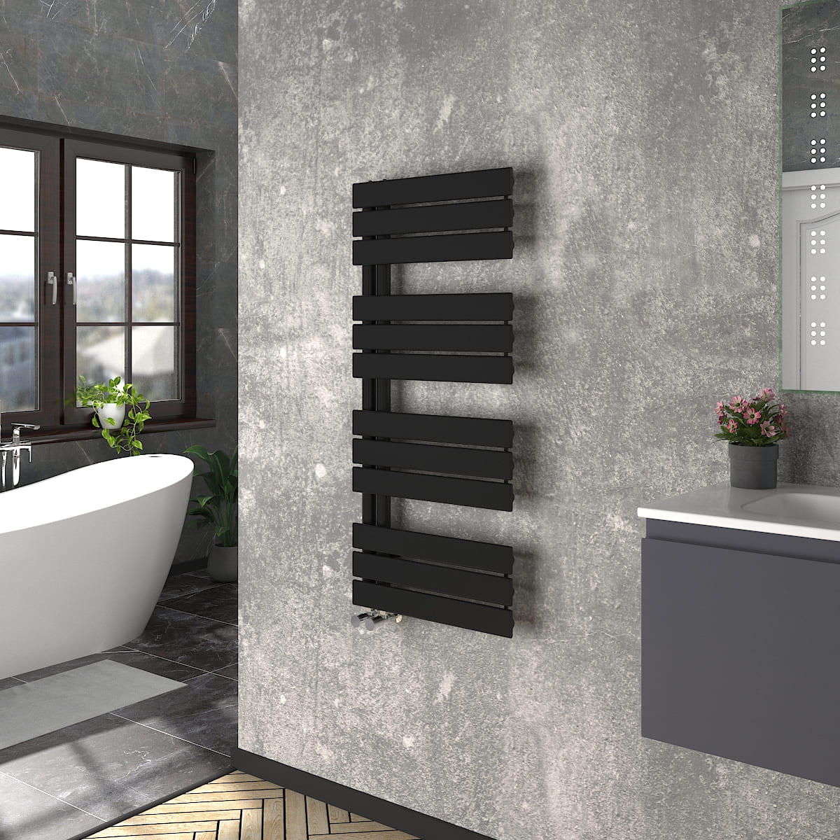 Flat Panel Heated Ladder Towel Rail Rack Bathroom Designer Radiator Rads Black